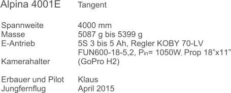 Spannweite		4000 mm	 Masse			5087 g bis 5399 g 	 E-Antrieb			5S 3 bis 5 Ah, Regler KOBY 70-LV  FUN600-18-5,2, Pin= 1050W, Prop 18”x11” Kamerahalter		(GoPro H2) 		 Erbauer und Pilot	Klaus Jungfernflug		April 2015	 Alpina 4001E      Tangent